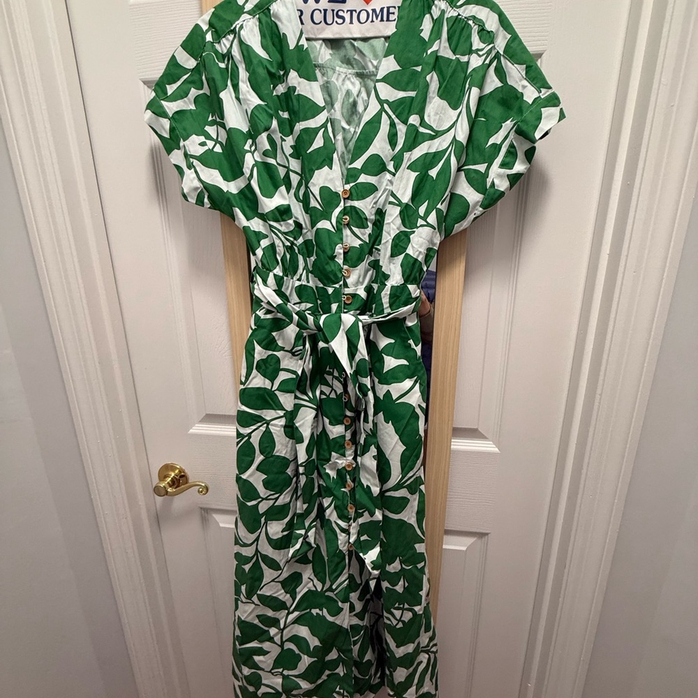 Zara Belted Printed Midi Dress Green White NWT Medium